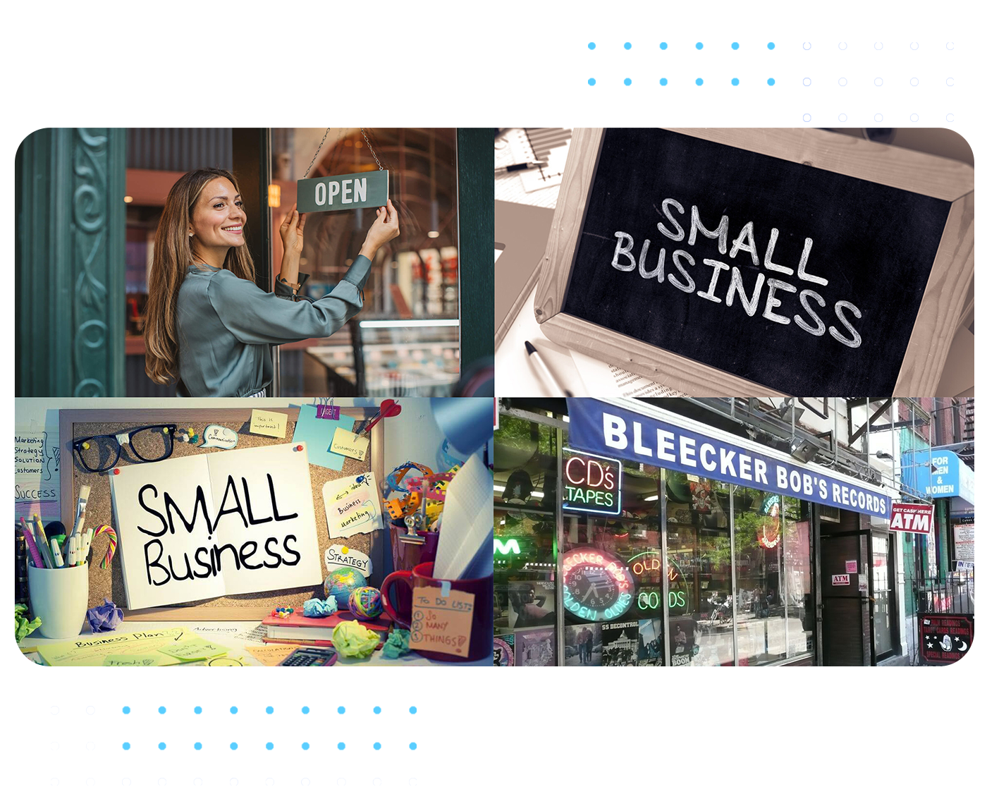 A picture containing several images of small businesses