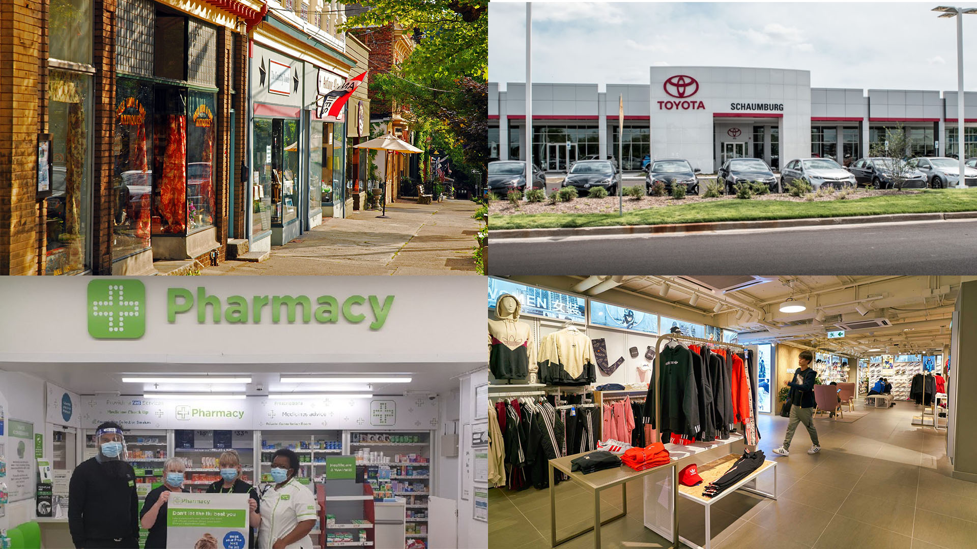 This picture shows several local shops, providing an example of what local shops look like.
