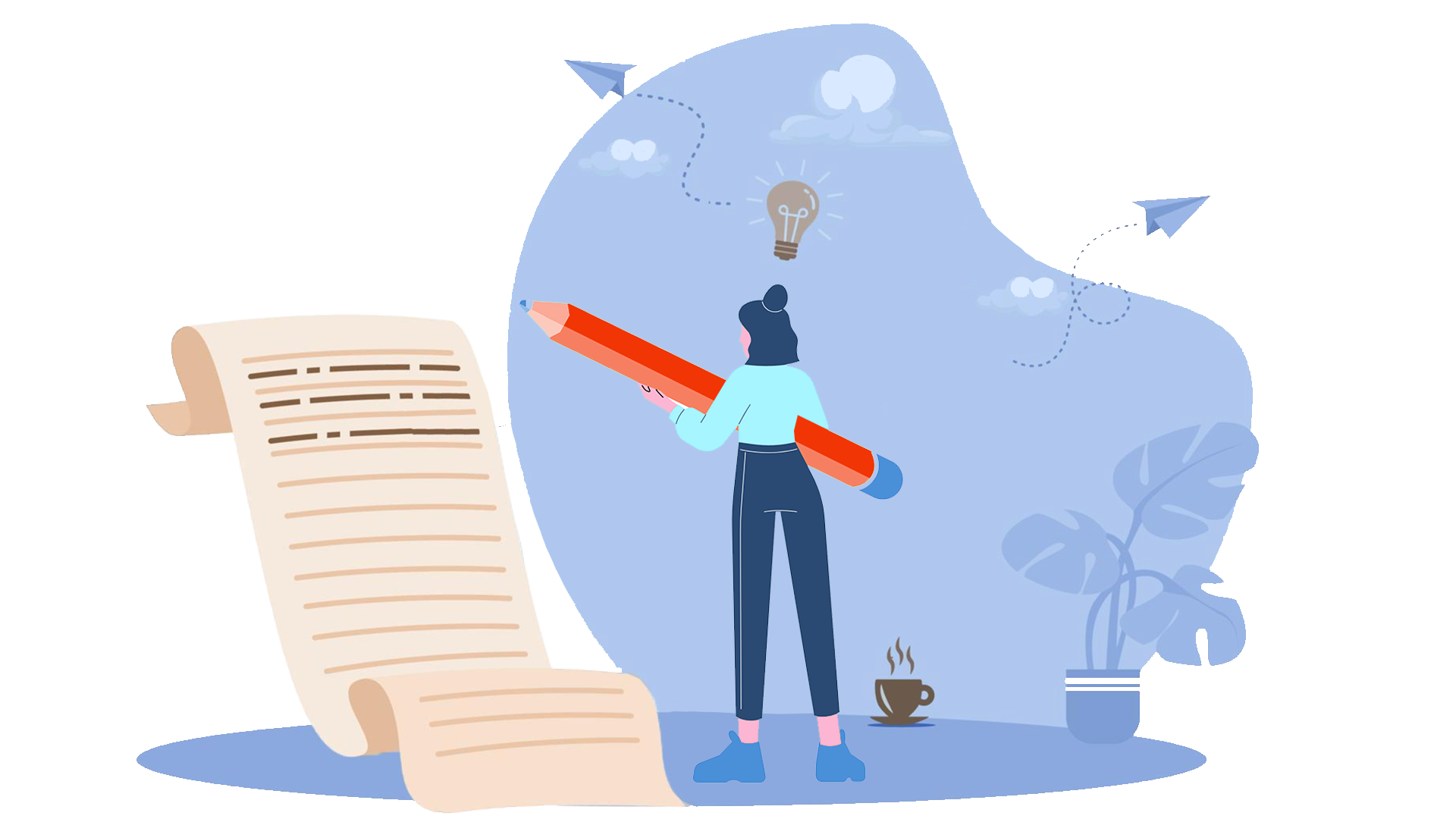 A vector illustration of a girl holding a pen and optimizing content on a piece of paper.