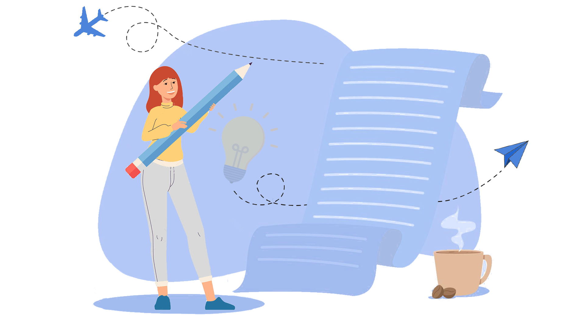 A vector illustration of a girl holding a pen and pointing towards a piece of paper with content.